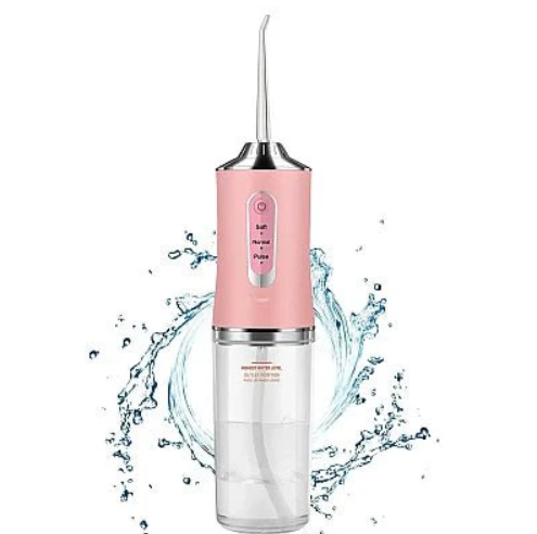 Irigator oral Portabil PPS Pulse pentru dus bucal,  Capete Curatare Anti-Tartru, Rezervor 200 ml, Roz Pastel, verde si alb