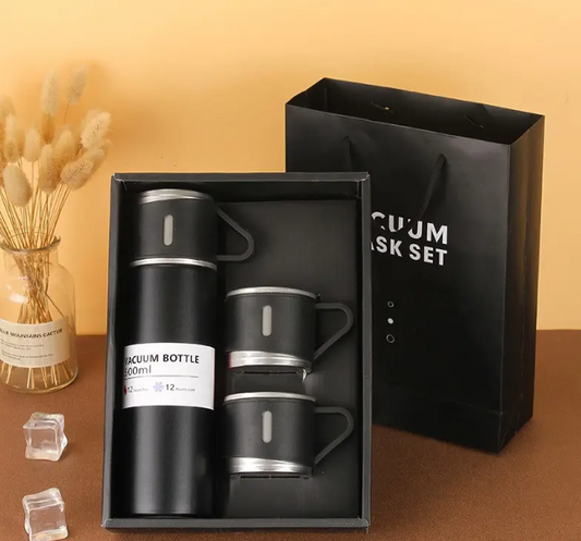 Set termos cu 3 cesti DIGIMAT®, calitate garantata,  inchidere ermetica, fara scurgeri, Otel inoxidabil, ambalaj premium, special pentru birou, natura, drumetii, picnic sau intr-o calatorie cu masina, 500 ML, Negru