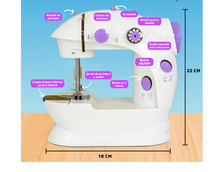 Mini masina de cusut portabila cu pedala, alimentare cu baterii sau la retea, Alba