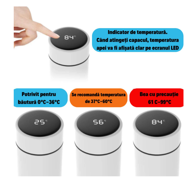 Termos smart cu afisaj LED , Afisarea Temperaturii, Pastreaza Bautura Fierbinte sau Rece timp de 12 ore, Otel Inoxidabil, Capacitate 500 ml alb