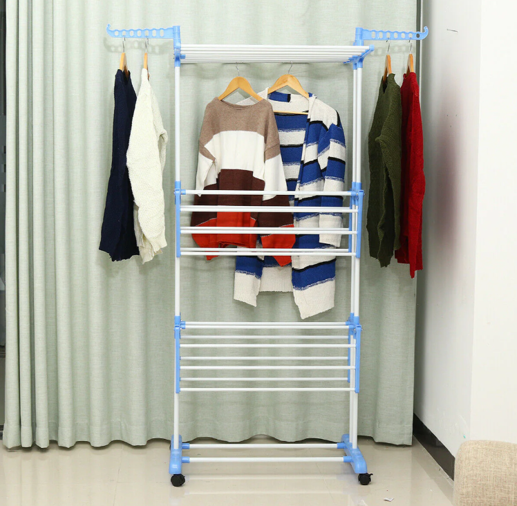 Uscator Vertical pentru Rufe Haine Mobil si Pliabil pentru Spatii Mici, Suport Umerase  Inaltime 170cm Albastru