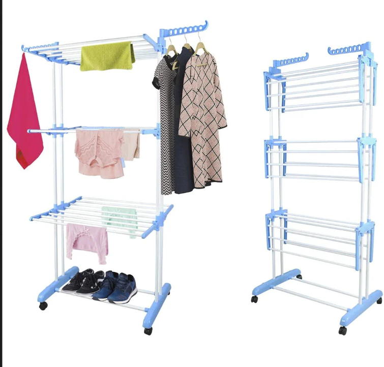Uscator Vertical pentru Rufe Haine Mobil si Pliabil pentru Spatii Mici, Suport Umerase  Inaltime 170cm Albastru