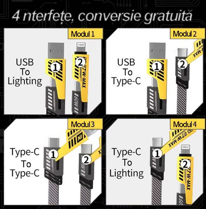 Cablu 4 in 1 Incarcare Ultra-Rapida si Tranfer de Date, USB, Type-C, Lighting (iPhone)