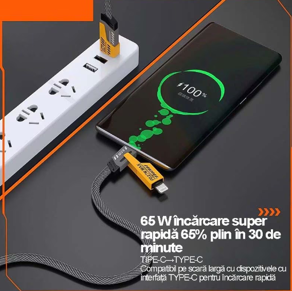 Cablu 4 in 1 Incarcare Ultra-Rapida si Tranfer de Date, USB, Type-C, Lighting (iPhone)