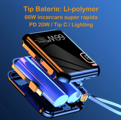 Baterie externa, 2 CABLU: X1 Lightning, X2 USB-C, 66W, incarcare rapida, 10000mAh