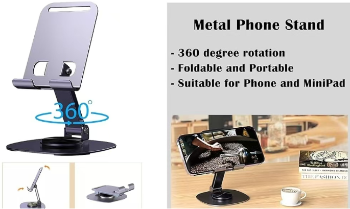 Suport telefon rotativ 360°, ajustabil, portabil,argint, pentru birou si calatorii