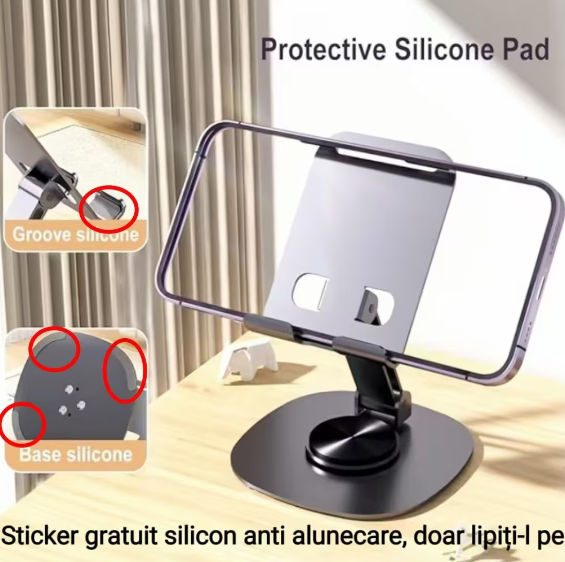 Suport telefon rotativ 360°, ajustabil, portabil,argint, pentru birou si calatorii