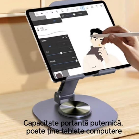 Suport telefon rotativ 360°, ajustabil, portabil,argint, pentru birou si calatorii