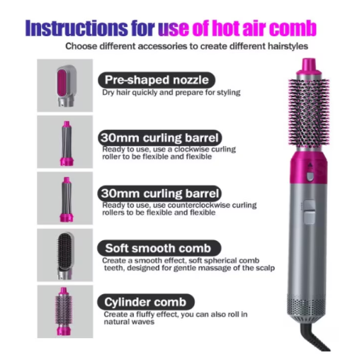 Perie electrica pentru volum cu aer cald, Yulinland®, Multifunctionala, 5 in 1, 1000W, Uscare, Ondulare, Indreptare si Coafat Parul, 3 Trepte de Temperatura, Portabila, Cutie Depozitare, Capete Interschimbabile, Rosu Trandafir