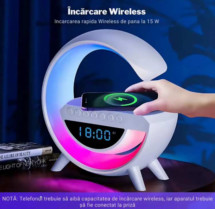 Lampa de atmosfera cu incarcator fara fir, lampa de masa cu LED-uri inteligente, difuzor Bluetooth, lampa de noapte Dimmable Bedside Lamp Alarm Clock cu muzica Sync, boxa portabila, alb,