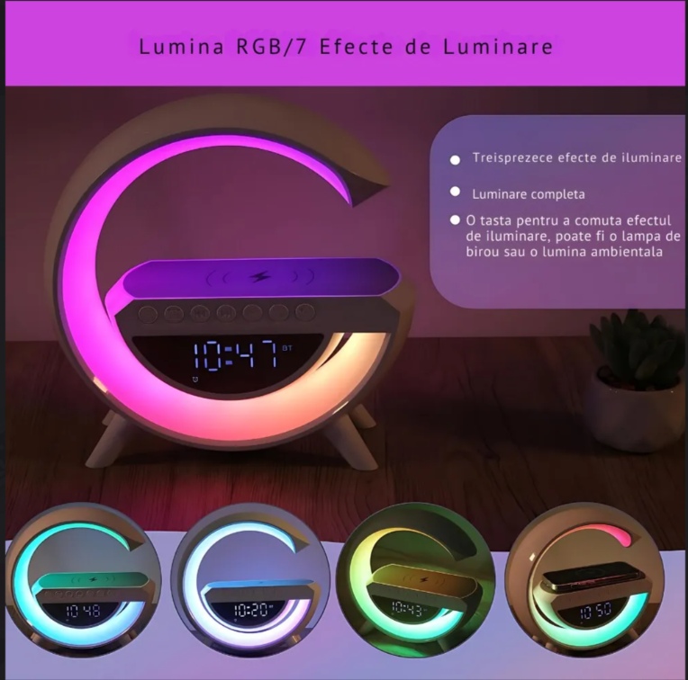 Lampa de atmosfera cu incarcator fara fir, lampa de masa cu LED-uri inteligente, difuzor Bluetooth, lampa de noapte Dimmable Bedside Lamp Alarm Clock cu muzica Sync, boxa portabila, alb,