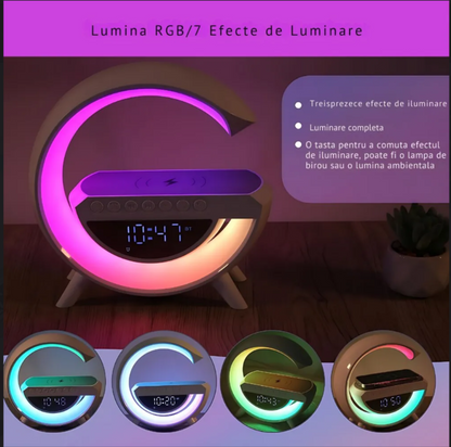 Lampa de atmosfera cu incarcator fara fir, lampa de masa cu LED-uri inteligente, difuzor Bluetooth, lampa de noapte Dimmable Bedside Lamp Alarm Clock cu muzica Sync, boxa portabila, alb,