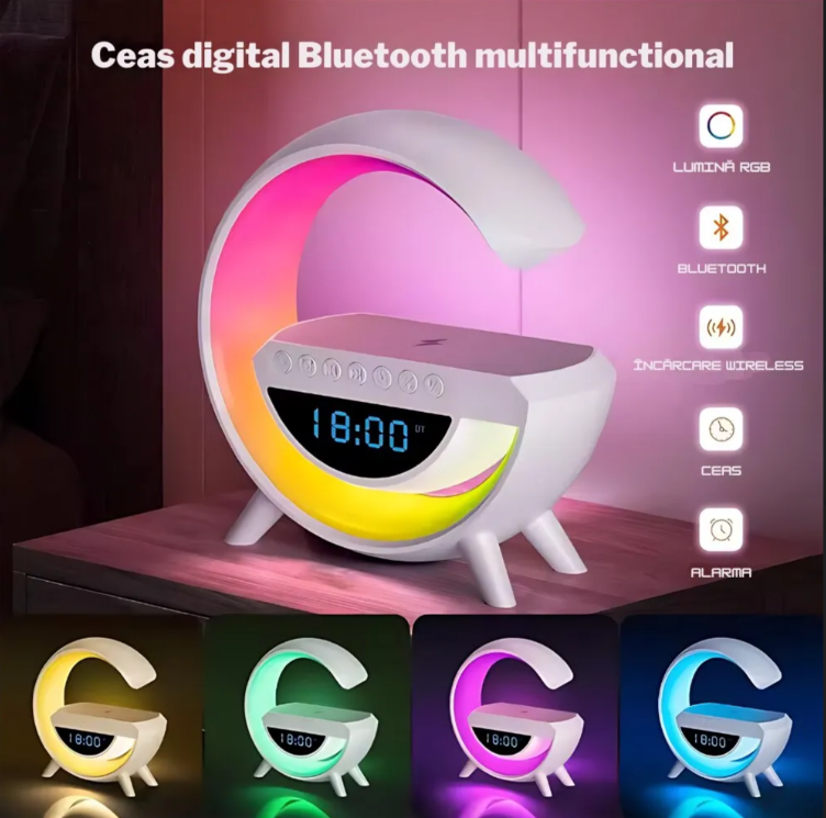 Lampa de atmosfera cu incarcator fara fir, lampa de masa cu LED-uri inteligente, difuzor Bluetooth, lampa de noapte Dimmable Bedside Lamp Alarm Clock cu muzica Sync, boxa portabila, alb,