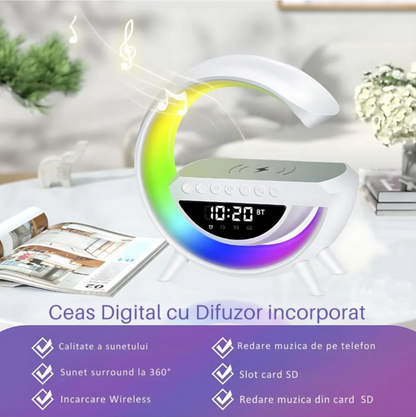 Lampa de atmosfera cu incarcator fara fir, lampa de masa cu LED-uri inteligente, difuzor Bluetooth, lampa de noapte Dimmable Bedside Lamp Alarm Clock cu muzica Sync, boxa portabila, alb,