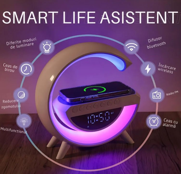 Lampa de atmosfera cu incarcator fara fir, lampa de masa cu LED-uri inteligente, difuzor Bluetooth, lampa de noapte Dimmable Bedside Lamp Alarm Clock cu muzica Sync, boxa portabila, alb,