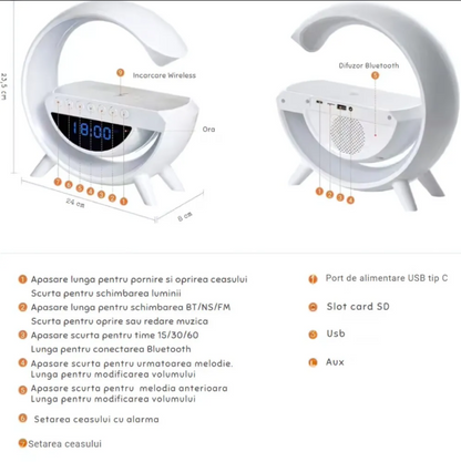 Lampa de atmosfera cu incarcator fara fir, lampa de masa cu LED-uri inteligente, difuzor Bluetooth, lampa de noapte Dimmable Bedside Lamp Alarm Clock cu muzica Sync, boxa portabila, alb,
