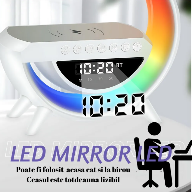 Lampa de atmosfera cu incarcator fara fir, lampa de masa cu LED-uri inteligente, difuzor Bluetooth, lampa de noapte Dimmable Bedside Lamp Alarm Clock cu muzica Sync, boxa portabila, alb,