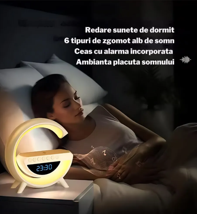 Lampa de atmosfera cu incarcator fara fir, lampa de masa cu LED-uri inteligente, difuzor Bluetooth, lampa de noapte Dimmable Bedside Lamp Alarm Clock cu muzica Sync, boxa portabila, alb,