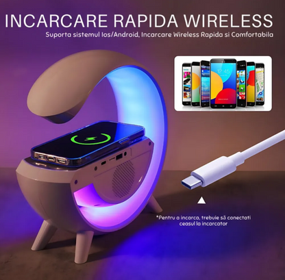 Lampa de atmosfera cu incarcator fara fir, lampa de masa cu LED-uri inteligente, difuzor Bluetooth, lampa de noapte Dimmable Bedside Lamp Alarm Clock cu muzica Sync, boxa portabila, alb,