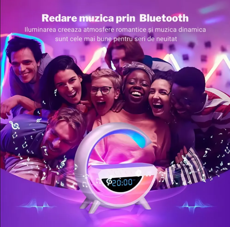 Lampa de atmosfera cu incarcator fara fir, lampa de masa cu LED-uri inteligente, difuzor Bluetooth, lampa de noapte Dimmable Bedside Lamp Alarm Clock cu muzica Sync, boxa portabila, alb,