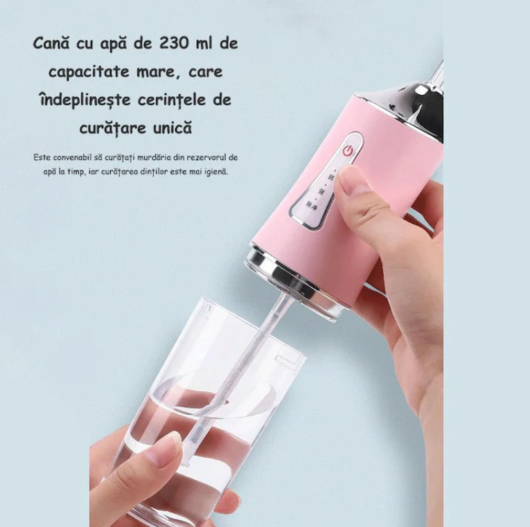 Irigator oral Portabil PPS Pulse pentru dus bucal,  Capete Curatare Anti-Tartru, Rezervor 200 ml, Roz Pastel, verde si alb