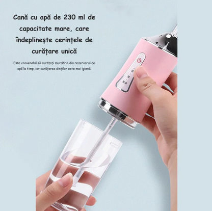 Irigator oral Portabil PPS Pulse pentru dus bucal,  Capete Curatare Anti-Tartru, Rezervor 200 ml, Roz Pastel, verde si alb