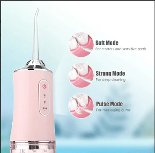 Irigator oral Portabil PPS Pulse pentru dus bucal,  Capete Curatare Anti-Tartru, Rezervor 200 ml, Roz Pastel, verde si alb