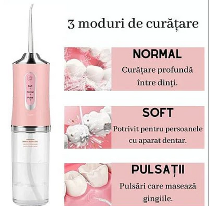 Irigator oral Portabil PPS Pulse pentru dus bucal,  Capete Curatare Anti-Tartru, Rezervor 200 ml, Roz Pastel, verde si alb