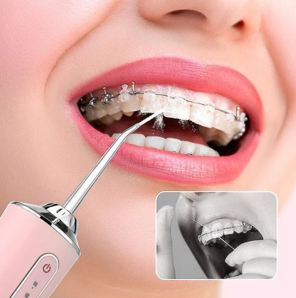 Irigator oral Portabil PPS Pulse pentru dus bucal,  Capete Curatare Anti-Tartru, Rezervor 200 ml, Roz Pastel, verde si alb