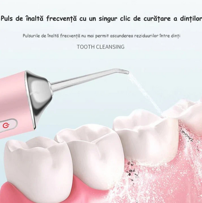 Irigator oral Portabil PPS Pulse pentru dus bucal,  Capete Curatare Anti-Tartru, Rezervor 200 ml, Roz Pastel, verde si alb