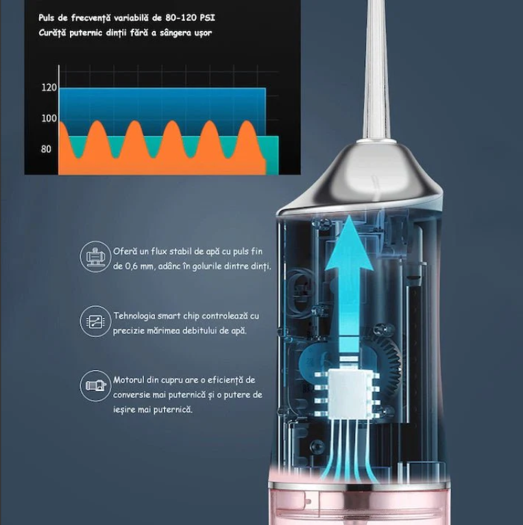 Irigator oral Portabil PPS Pulse pentru dus bucal,  Capete Curatare Anti-Tartru, Rezervor 200 ml, Roz Pastel, verde si alb