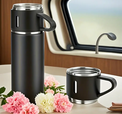 Set termos cu 3 cesti DIGIMAT®, calitate garantata,  inchidere ermetica, fara scurgeri, Otel inoxidabil, ambalaj premium, special pentru birou, natura, drumetii, picnic sau intr-o calatorie cu masina, 500 ML, Negru