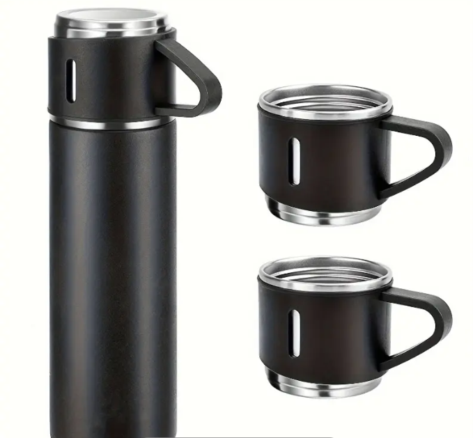 Set termos cu 3 cesti DIGIMAT®, calitate garantata,  inchidere ermetica, fara scurgeri, Otel inoxidabil, ambalaj premium, special pentru birou, natura, drumetii, picnic sau intr-o calatorie cu masina, 500 ML, Negru