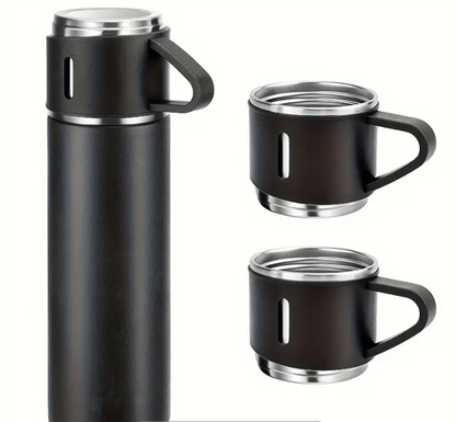 Set termos cu 3 cesti DIGIMAT®, calitate garantata,  inchidere ermetica, fara scurgeri, Otel inoxidabil, ambalaj premium, special pentru birou, natura, drumetii, picnic sau intr-o calatorie cu masina, 500 ML, Negru