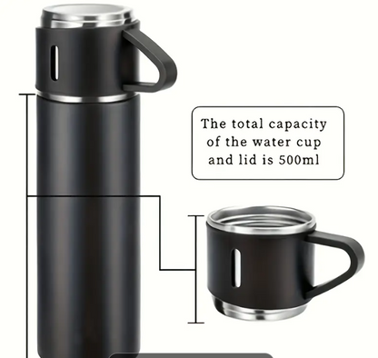 Set termos cu 3 cesti DIGIMAT®, calitate garantata,  inchidere ermetica, fara scurgeri, Otel inoxidabil, ambalaj premium, special pentru birou, natura, drumetii, picnic sau intr-o calatorie cu masina, 500 ML, Negru