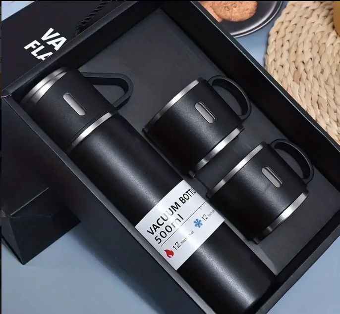 Set termos cu 3 cesti DIGIMAT®, calitate garantata,  inchidere ermetica, fara scurgeri, Otel inoxidabil, ambalaj premium, special pentru birou, natura, drumetii, picnic sau intr-o calatorie cu masina, 500 ML, Negru