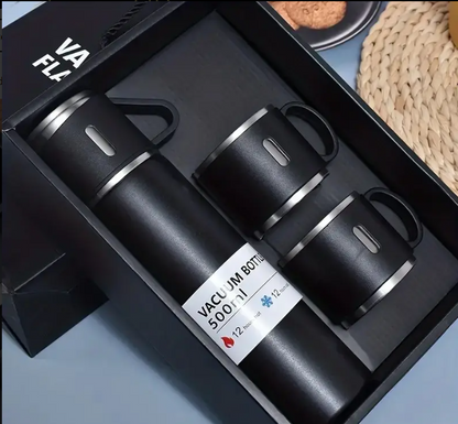 Set termos cu 3 cesti DIGIMAT®, calitate garantata,  inchidere ermetica, fara scurgeri, Otel inoxidabil, ambalaj premium, special pentru birou, natura, drumetii, picnic sau intr-o calatorie cu masina, 500 ML, Negru