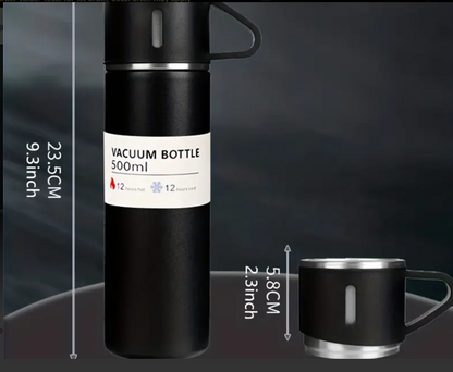 Set termos cu 3 cesti DIGIMAT®, calitate garantata,  inchidere ermetica, fara scurgeri, Otel inoxidabil, ambalaj premium, special pentru birou, natura, drumetii, picnic sau intr-o calatorie cu masina, 500 ML, Negru