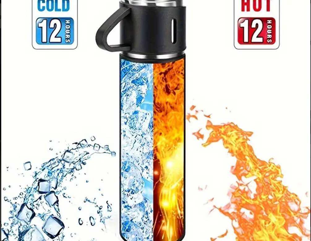 Set termos cu 3 cesti DIGIMAT®, calitate garantata,  inchidere ermetica, fara scurgeri, Otel inoxidabil, ambalaj premium, special pentru birou, natura, drumetii, picnic sau intr-o calatorie cu masina, 500 ML, Negru