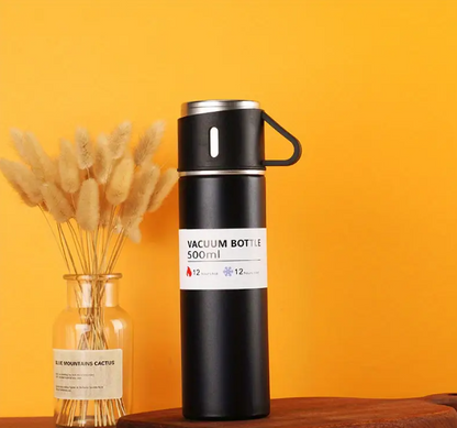 Set termos cu 3 cesti DIGIMAT®, calitate garantata,  inchidere ermetica, fara scurgeri, Otel inoxidabil, ambalaj premium, special pentru birou, natura, drumetii, picnic sau intr-o calatorie cu masina, 500 ML, Negru