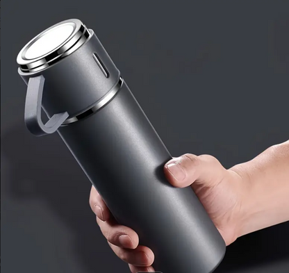 Set termos cu 3 cesti DIGIMAT®, calitate garantata,  inchidere ermetica, fara scurgeri, Otel inoxidabil, ambalaj premium, special pentru birou, natura, drumetii, picnic sau intr-o calatorie cu masina, 500 ML, Negru