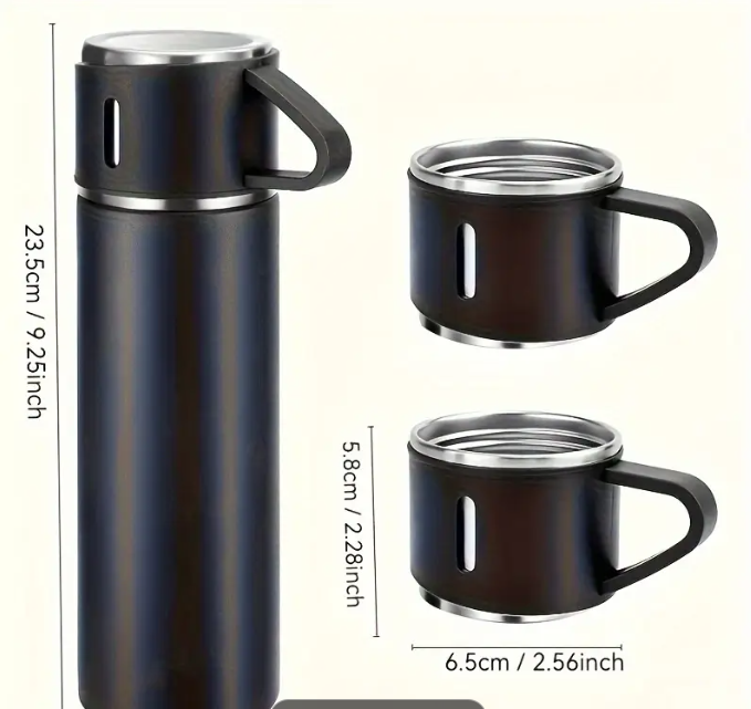 Set termos cu 3 cesti DIGIMAT®, calitate garantata,  inchidere ermetica, fara scurgeri, Otel inoxidabil, ambalaj premium, special pentru birou, natura, drumetii, picnic sau intr-o calatorie cu masina, 500 ML, Negru