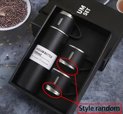 Set termos cu 3 cesti DIGIMAT®, calitate garantata,  inchidere ermetica, fara scurgeri, Otel inoxidabil, ambalaj premium, special pentru birou, natura, drumetii, picnic sau intr-o calatorie cu masina, 500 ML, Negru