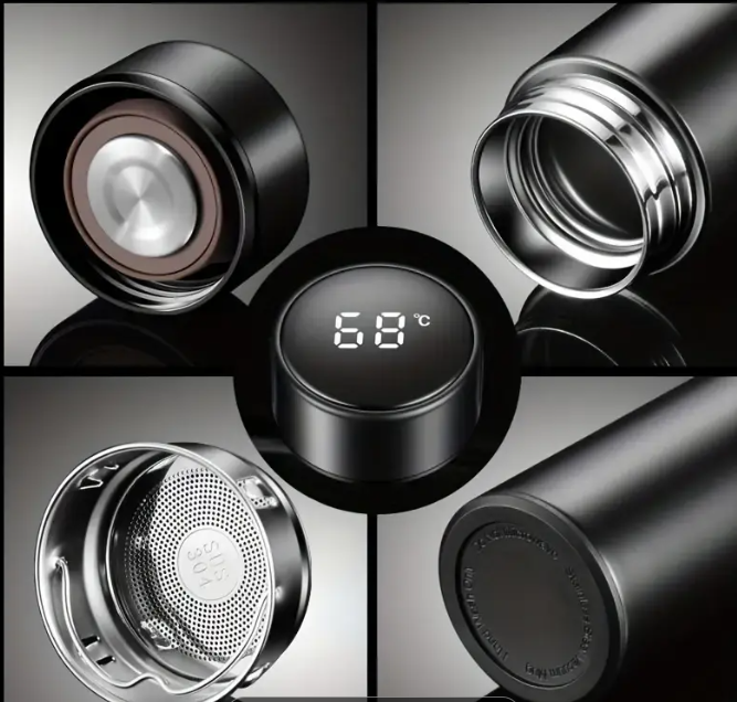 Termos smart cu afisaj led , afisarea temperaturii, pastreaza bautura fierbinte sau rece timp de 12 ore, otel inoxidabil, capacitate 500 ml Negru