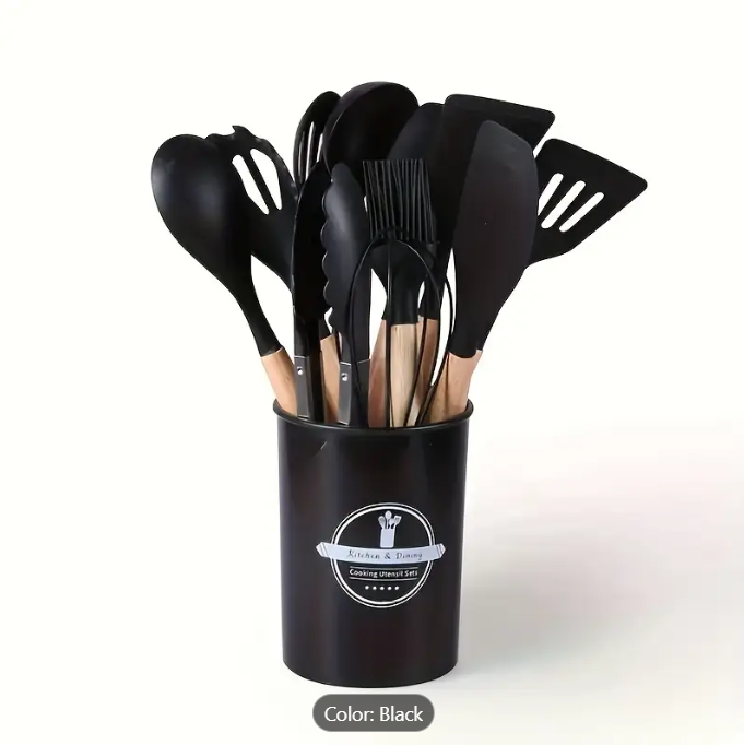 Set 12 ustensile bucatarie, Lemn/Silicon, Suport inox, Antiaderente, Termorezistente, Negru