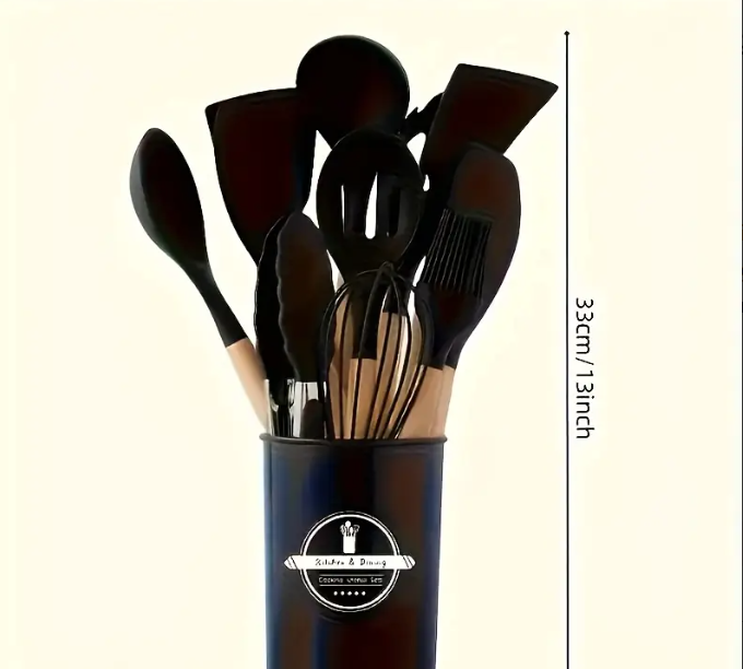 Set 12 ustensile bucatarie, Lemn/Silicon, Suport inox, Antiaderente, Termorezistente, Negru