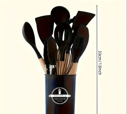 Set 12 ustensile bucatarie, Lemn/Silicon, Suport inox, Antiaderente, Termorezistente, Negru