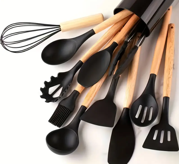 Set 12 ustensile bucatarie, Lemn/Silicon, Suport inox, Antiaderente, Termorezistente, Negru