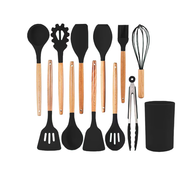 Set 12 ustensile bucatarie, Lemn/Silicon, Suport inox, Antiaderente, Termorezistente, Negru