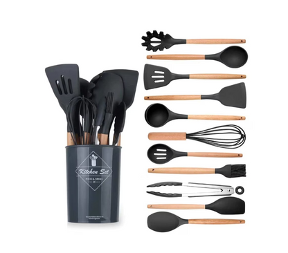 Set 12 ustensile bucatarie, Lemn/Silicon, Suport inox, Antiaderente, Termorezistente, Negru